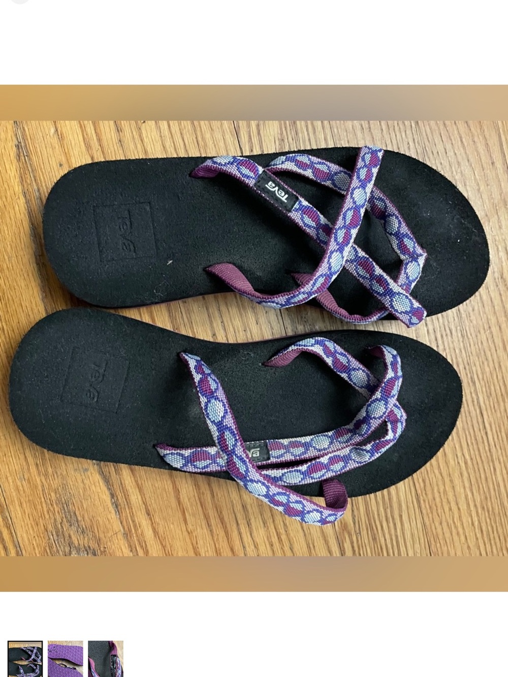 Teva Black Footbed Sandals with Purple Patterned Straps, 6